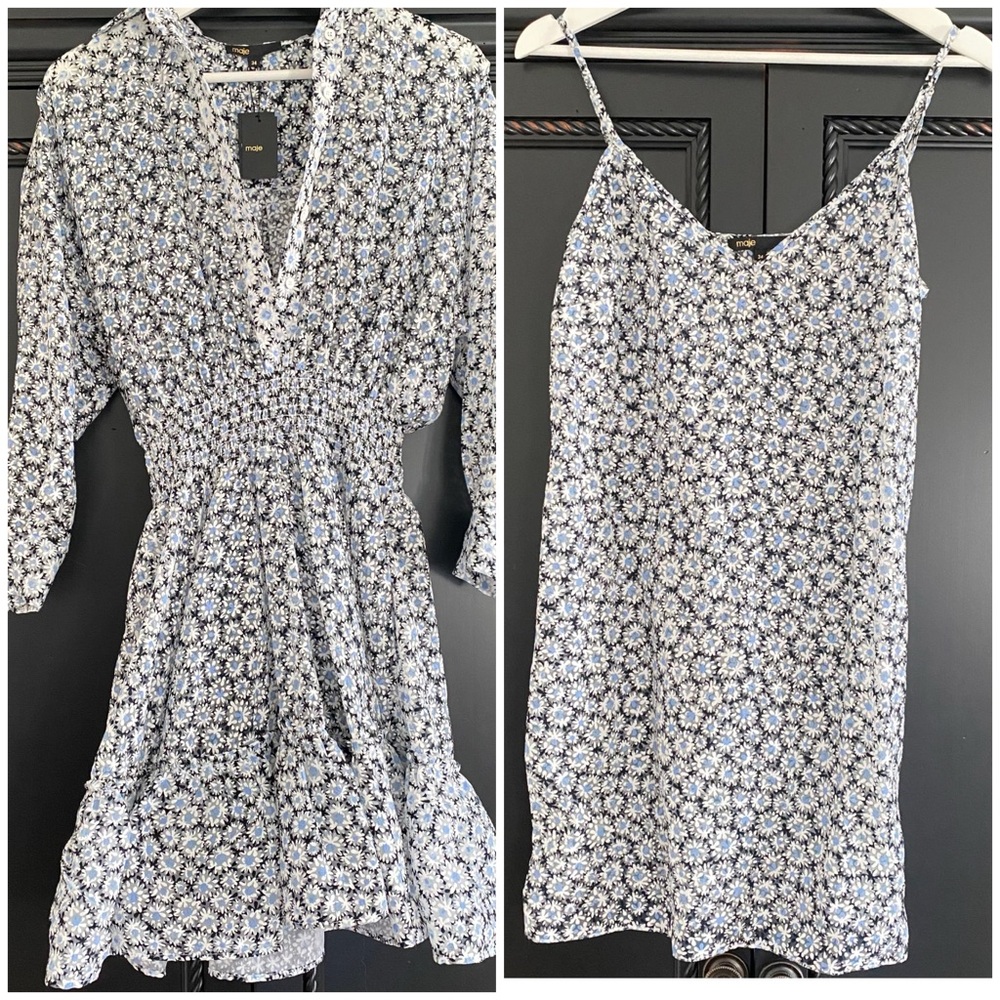 MAJE Paris Floral Dress with slip Blue daisies NWT women’s XS